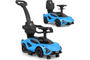 INFANS 3 in 1 Ride on Push Car, Licensed Lamborghini Baby Stroller Sliding Walking Car with Parent Control Handle, Music, USB, Headlight, Under Seat Storage, Foot-to-Floor Toy for 18-60 Months (Blue)