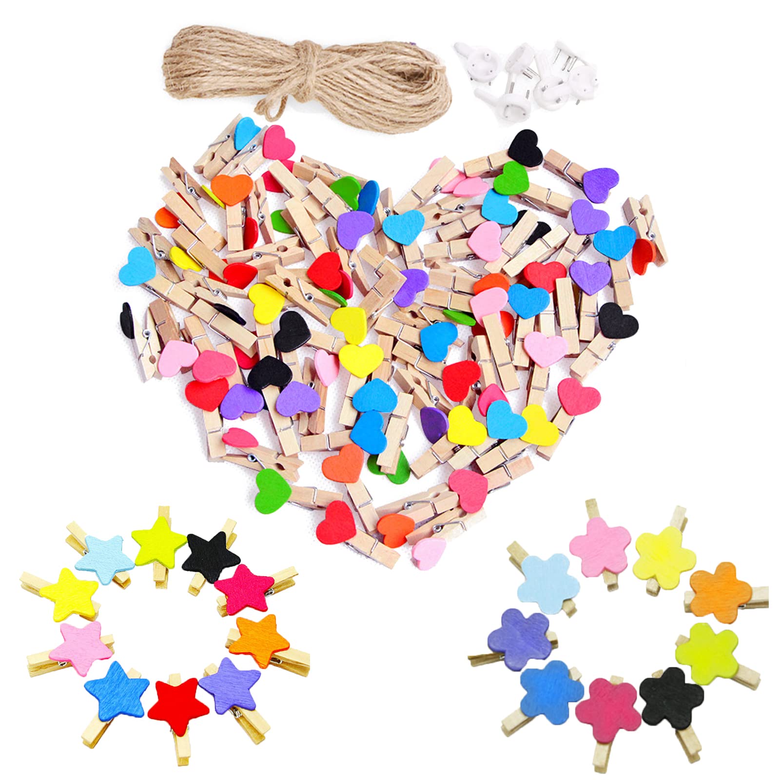 Monsully 150 Pcs Heart Craft Pegs, Mini Wooden Heart, Star & Flower Shaped Clips with 10M Jute Rope & 6 Pcs Non-Trace Nails for Photos, Cards, Wedding Party Decoration