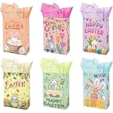 PARSUP 24pcs Happy Easter Gift Bags with 36pcs Purple Green Yellow Pink Tissue Paper, Easter Candy Bags, Gift Bags for Kids, Treat Bags for Egg Hunt, Birthday Party Decor