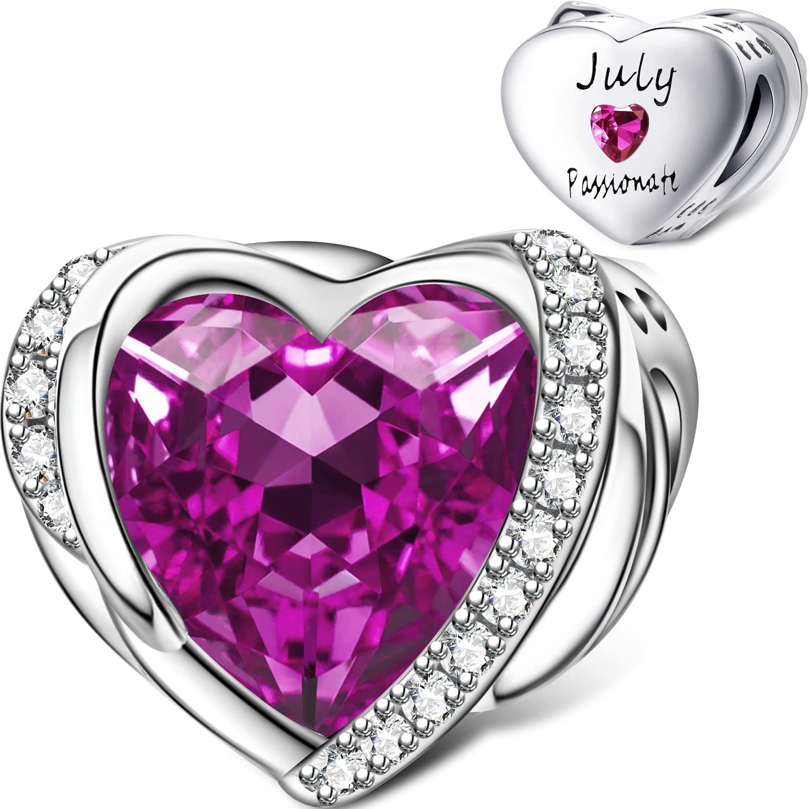 July Birthstone Charms for Pandora Charms Bracelet, Angel Wings 925 Sterling Silver Love Heart Bead Pendant Engraved Passionate,Birthday Mother's day Jewelry Gifts for Women Girls