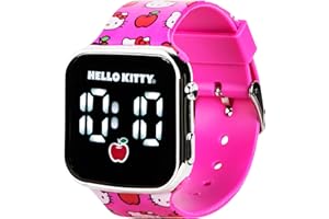 ACCUTIME Hello Kitty LED Digital Watch for Kids – Light Up Display, Pink Silicone Strap with Apple Print, Adjustable for Wrist Size 5.5" to 8", Easy Touch Activation, Official Sanrio Girls Watch