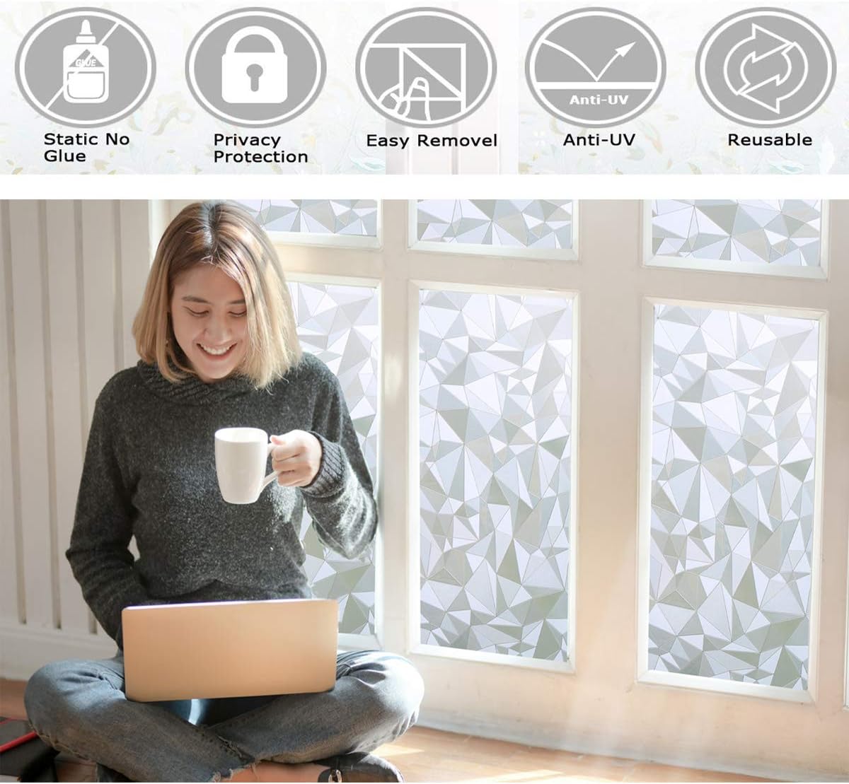 Zindoo Non-Adhesive Window Film Privacy Stained Glass Window Film Static Cling Frosted Privacy Film 3D Decorative Window Stickers Anti-UV for Home Office - Image 4
