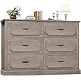 FINETONES Wood Dresser 6 Drawer, 47.2'' Grey Dresser Farmhouse Dresser Chest of Drawers with Designed Drawer Surfaces, Grey Dresser with Deeper Drawer, Ash Grey