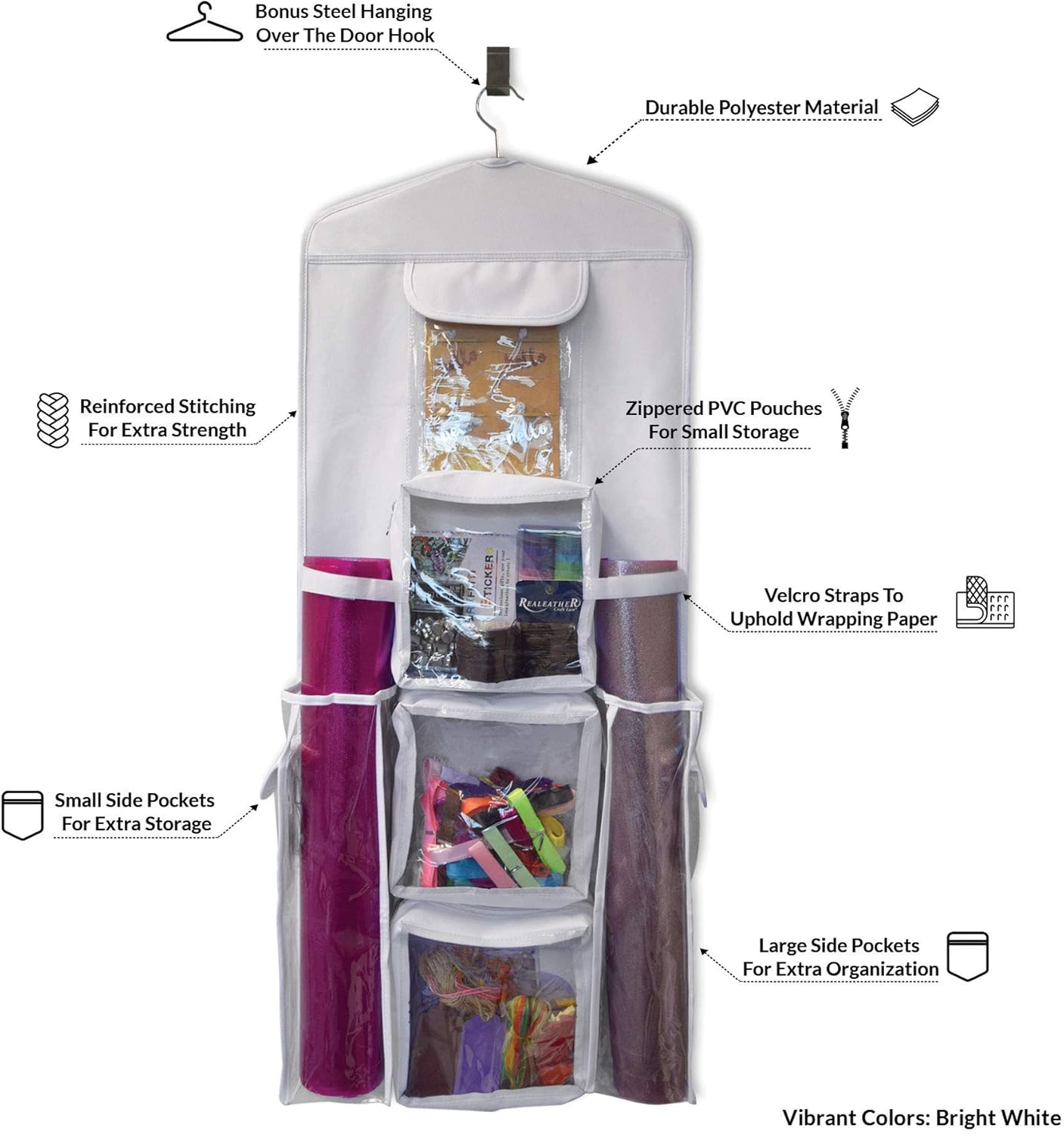 Gift Wrap Organizer, Hanging Wrapping Paper Storage, Double Sided with Hook for Over Door, Tissue Paper & Gift Bag Holder with Zippered Pockets and Multiple Compartments, Clear Vinyl - 16x37: Kitchen & Dining