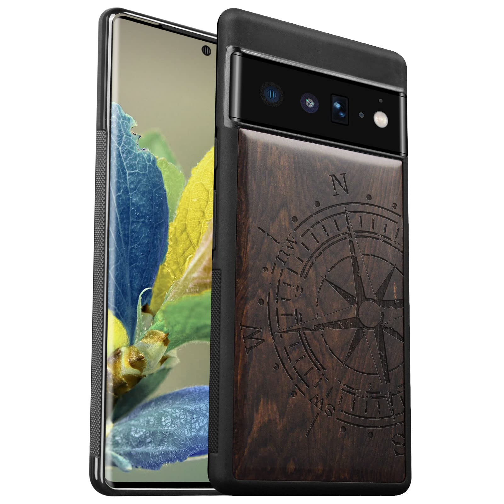Carveit Wood Case for Pixel 6 Pro Case [Hard Real Wood & Soft TPU] Shockproof Hybrid Protective Cover Unique & Classy Wooden Case Compatible with Google Pixel 6 Pro Case (Vintage Compass-Blackwood)