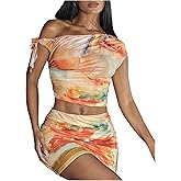 WDIRARA Women's Tie Dye Mesh Asymmetrical One Shoulder Top and Mini Bodycon Skirt Sets 2 Piece Outfits