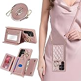 DEYHU for Galaxy S25 Ultra Case with Card Holder and Strap for Women,Crossbody Lanyard, Make Up Mirror,Ring Stand,Snap Clasp,Cute Phone Wallet Cases 6.9 inch - Dark Rose Gold
