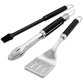 Weber&reg; Precision Grilling Tool Set, 3‑Piece | Weber&reg; Stainless-Steel Tongs, Spatula &amp; Silicone Basting Brush w/ Non‑Slip Handles &amp; Hands‑Free Locking - Grill Accessory Kit