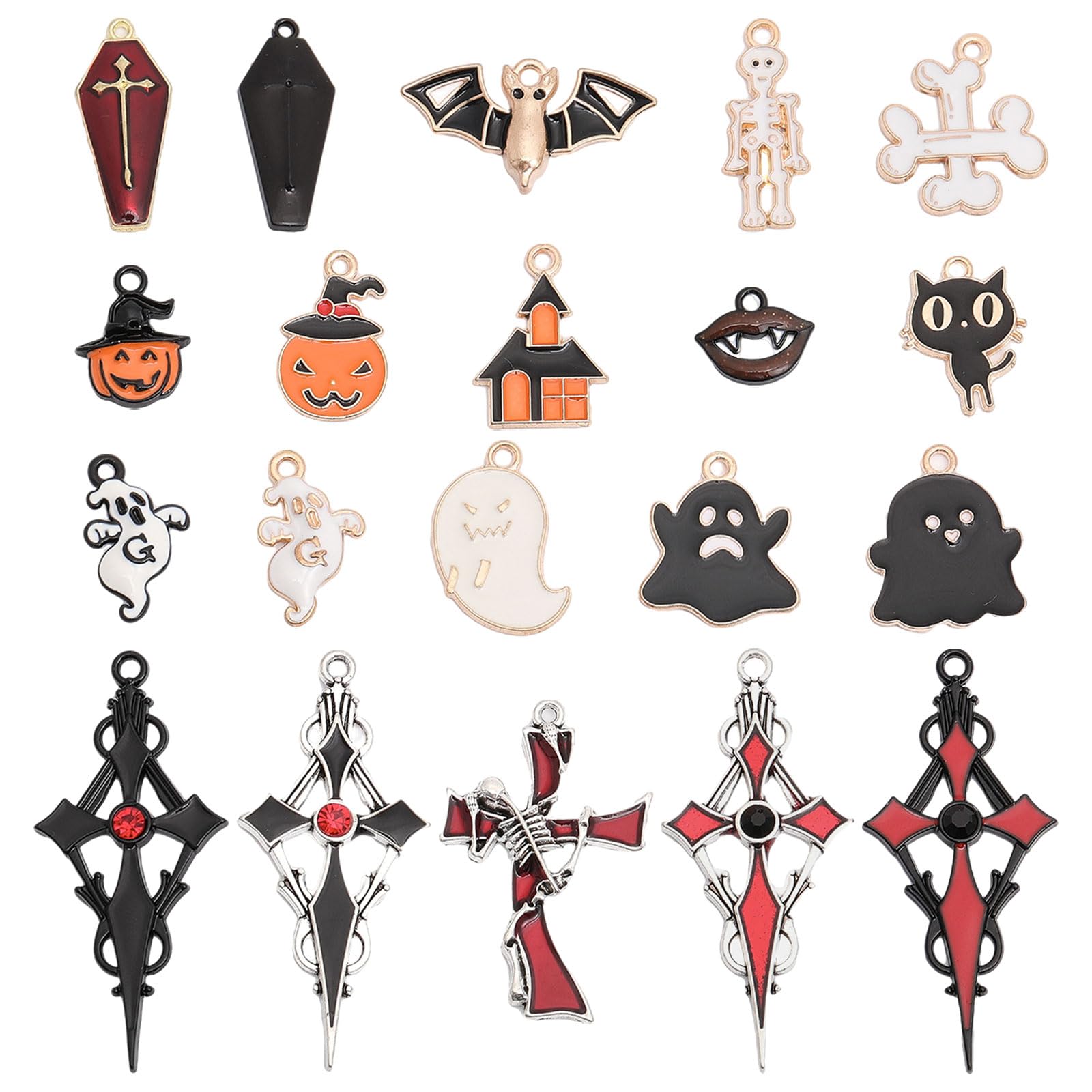 CHGCRAFT 40Pcs 20Styles Halloween Charms Alloy Pumpkin Skeleton Cross Pendants for Bracelets Necklace Making, Mixed Color