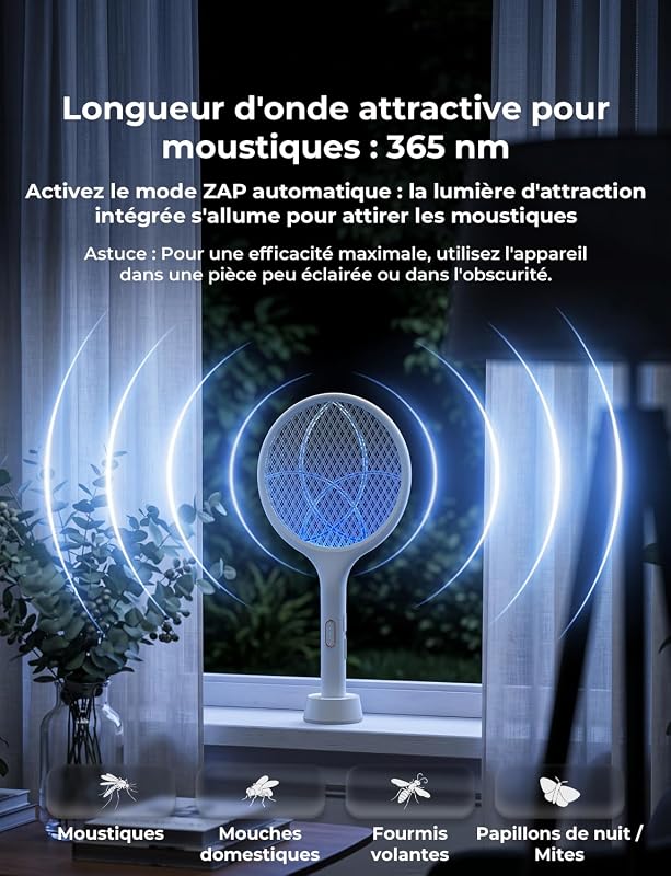 Raquette Electrique Insectes, Raquette Anti Moustiques Électrique 4000 V 1500 mAh Rechargeable avec Base Stable Contre Moustiques Mouches Insectes Volants, Blanc