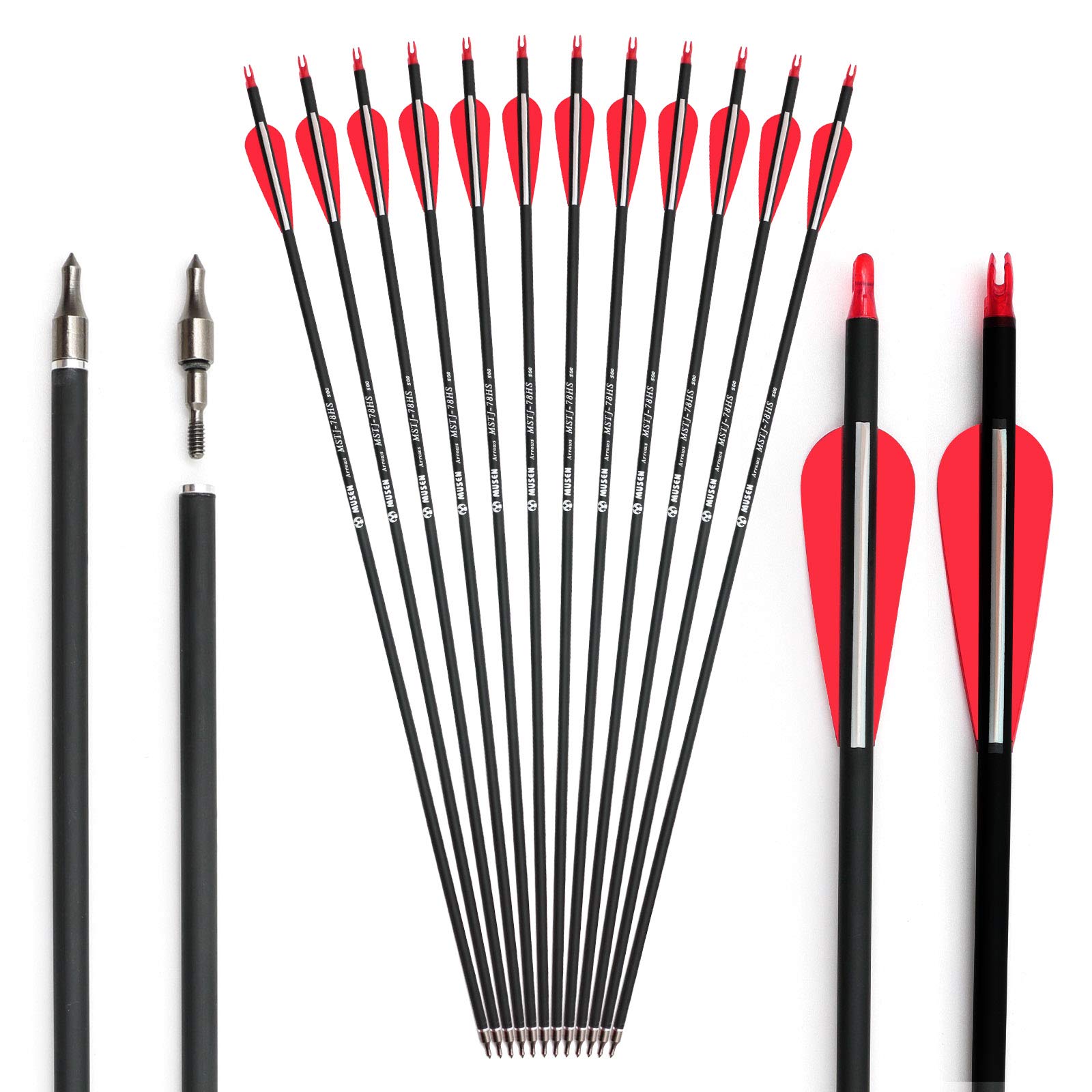 Buy Musen 28"/30" Carbon Archery Arrows, Shaft Spine 500 with Removable Tips, GPI 13.0 Hunting