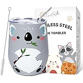 NymphFable 12oz Koala Insulated Tumbler with Lid and Straw Stainless Steel Wine Tumbler, Stemless Wine Glass Coffee Mug