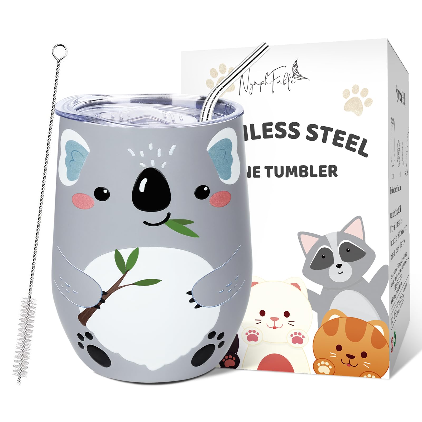 NymphFable 12oz Koala Insulated Tumbler with Lid and Straw Stainless Steel Wine Tumbler, Stemless Wine Glass Coffee Mug