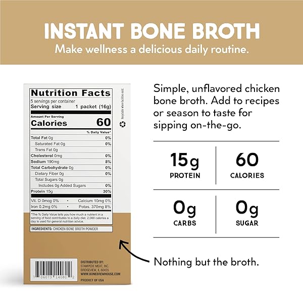 BONE BREWHOUSE – UNFLAVORED CHICKEN BONE BROTH PROTEIN POWDER – KETO & PALEO FRIENDLY – INSTANT SOUP BROTH – 15G PROTEIN – NATURAL COLLAGEN, GLUTEN-FREE & DAIRY FREE – 5 SERVINGS