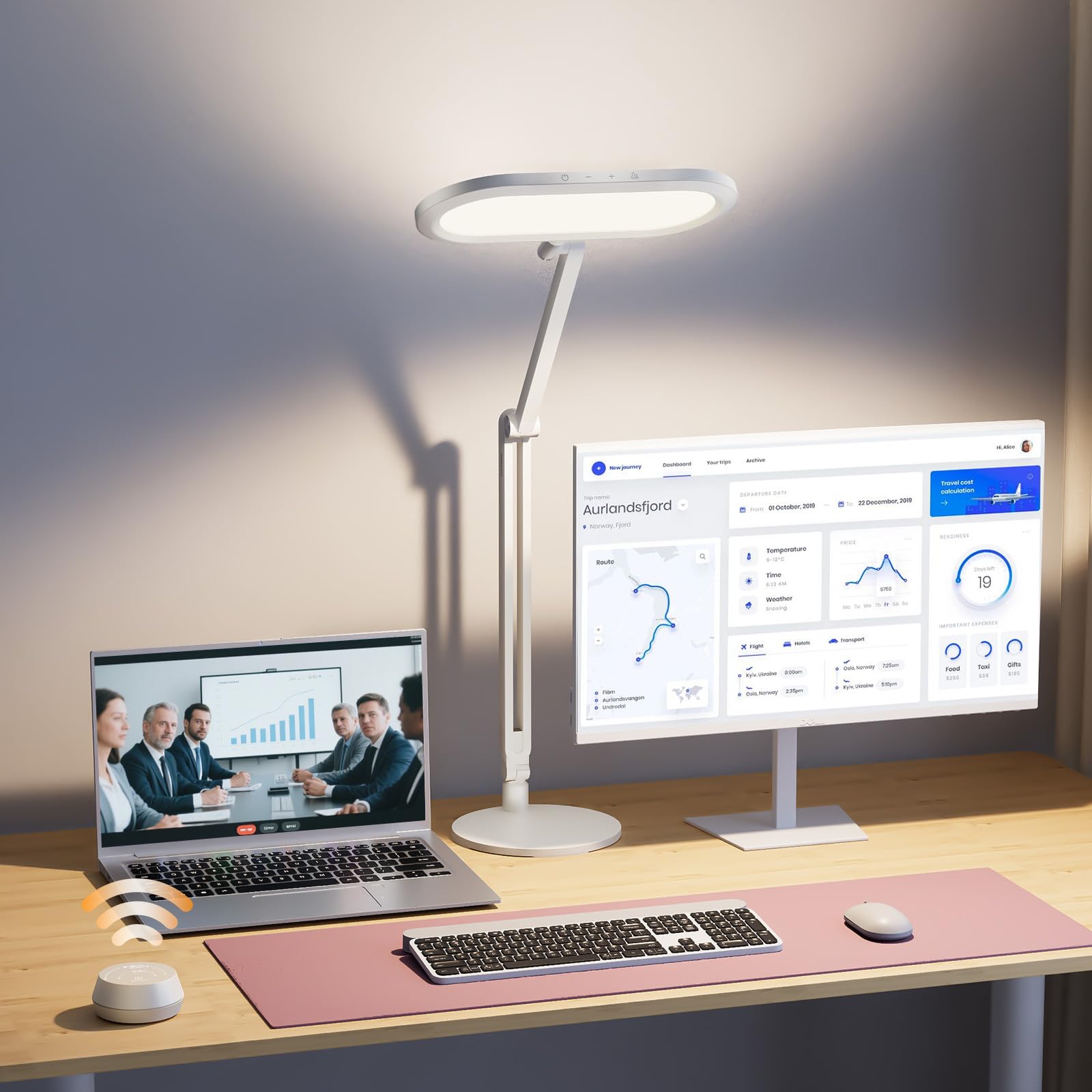 Photo 1 of LED Desk Lamp for Home Office – Professional Double-Sided Lighting, Eye-Caring Computer Lamp with Knob Remote, Stepless Dimming & Color, Memory, for Zoom, Studying, Streaming & Video Conference, White