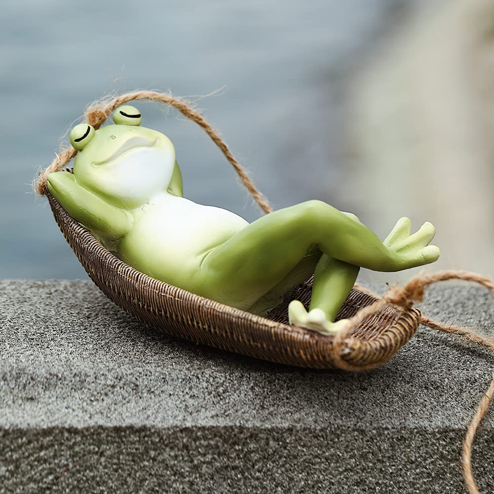 Meyas Hammock Frog Decoration, Swing Frog Statue, Garden Hanging Frog, Resin Animal Hanging Garden Sculpture, Garden Decoration Swing Figures Statues, Ornaments for Patio, Lawn, Home, Yard