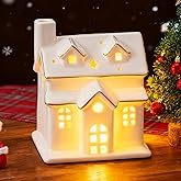 WDS WONDROUS Ceramic Christmas Village House Decor White, Light Up Christmas House Decorations 7 Inch, Modern Xmas Town Village for Tabletop Display, Shelf Tabletop Decor