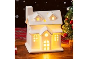 DN DECONATION Light Up Christmas Village House Decorations, White Ceramic Christmas Town House, Modern Xmas Village Houses fo