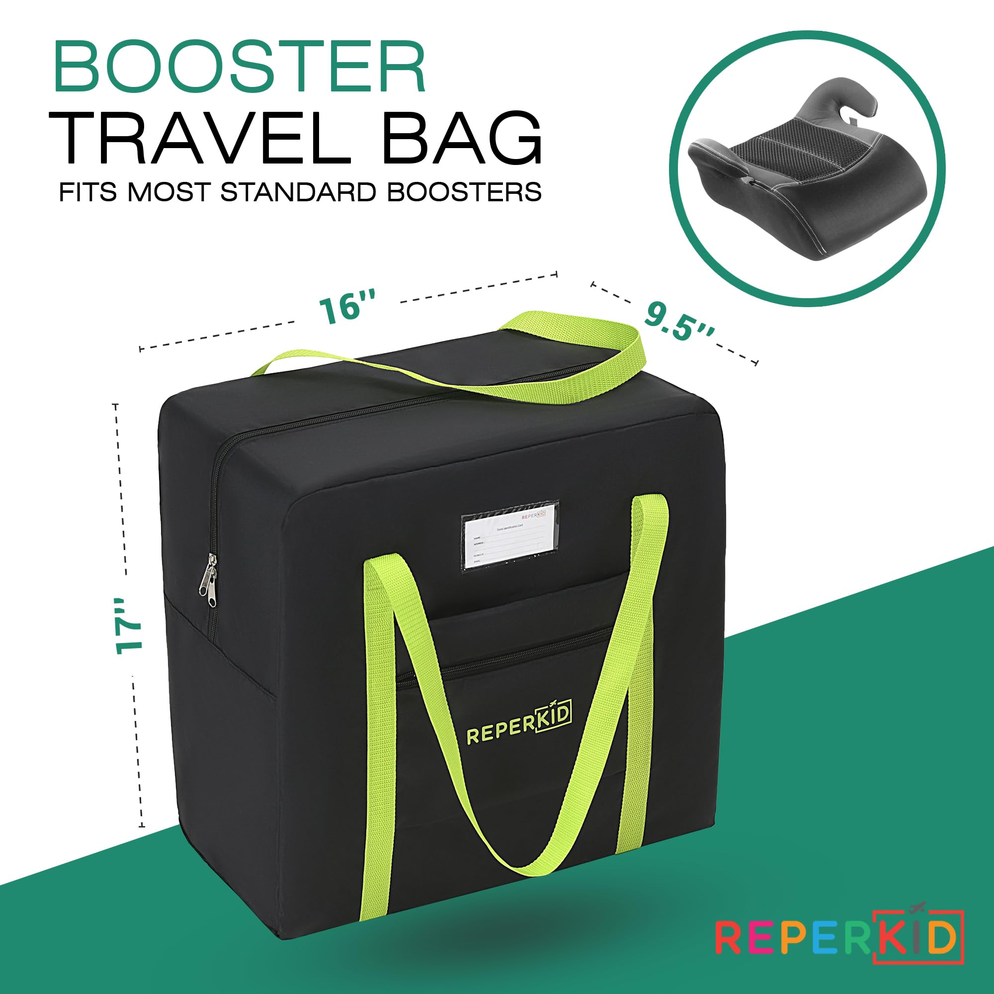 Reperkid Booster Seat Travel Bag for Airplane, Black and Green, 17
