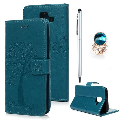 A6 2018 Hülle Leder Case für Samsung Galaxy A6 (2018) Schutzhülle Wallet Flipcase Eule Baum PU Handyhülle Handytasche Etui Sc