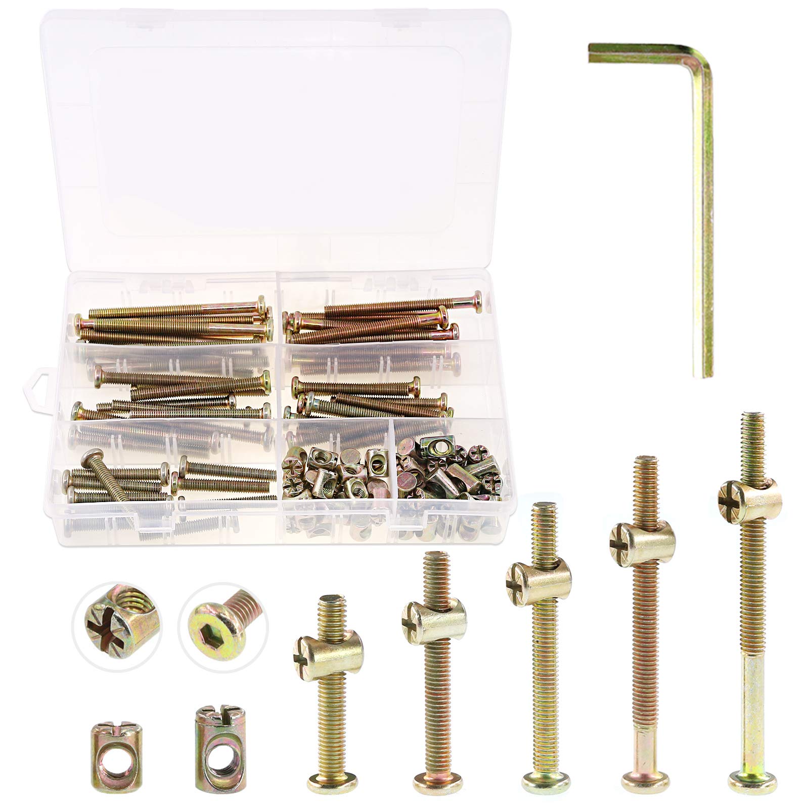 Keadic 100Pcs M6 40/50/60/70/80mm Baby Bed Screws Hardware Replacement Kit, Hex Socket Head Cap Screws Nuts for Furniture Cots Beds Crib, 1 Hex Key for Free - Zinc Plated High Speed Steel (40-80mm)