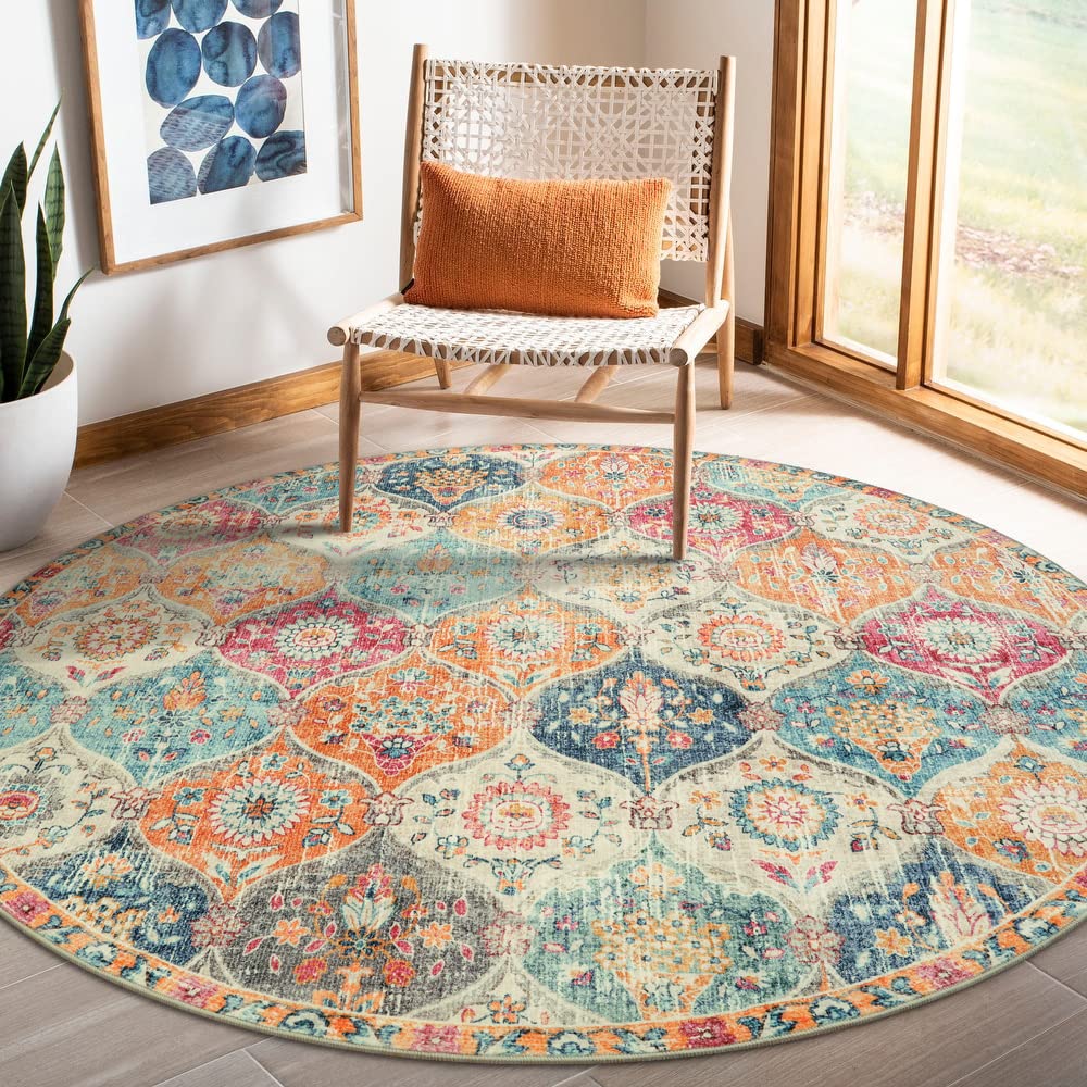 Photo 1 of Lahome Moroccan Trellis Washable Round Area Rug, Round Rug 5ft Soft Non-Slip, Non-Shedding Distressed Circle Carpet for Bedroom Living Room Bathroom Nursery Kitchen, Cream/Multi