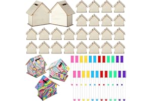 Briwooody 36 Pcs DIY Unfinished Wooden Houses Bank Unfinished Piggy Bank Set with Coloring Pens Blank Coin Box Crafts for Woo
