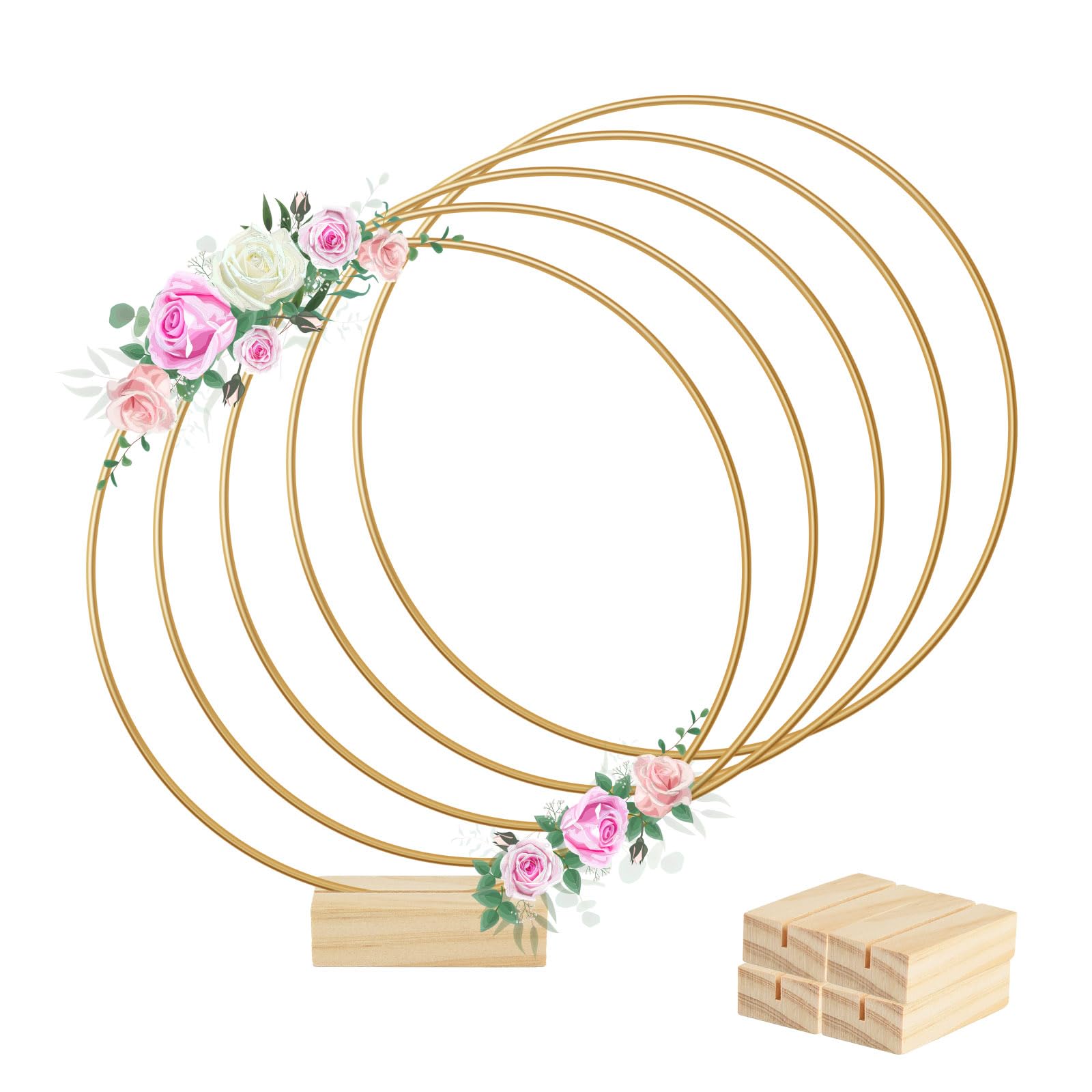 Photo 1 of BOUBONI 5 Pcs 12 Inch Metal Floral Hoop Centerpiece with 5 Pcs Wooden Stand for Table Metal Wreath Ring Stand for Centerpiece Table Decorations Wedding Decor Wall Hanging Crafts