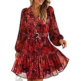 ZESICA Womens Spring Summer Floral Mini Dress Long Sleeve Button Chiffon A Line Swing Short Wedding Guest Party Dresses