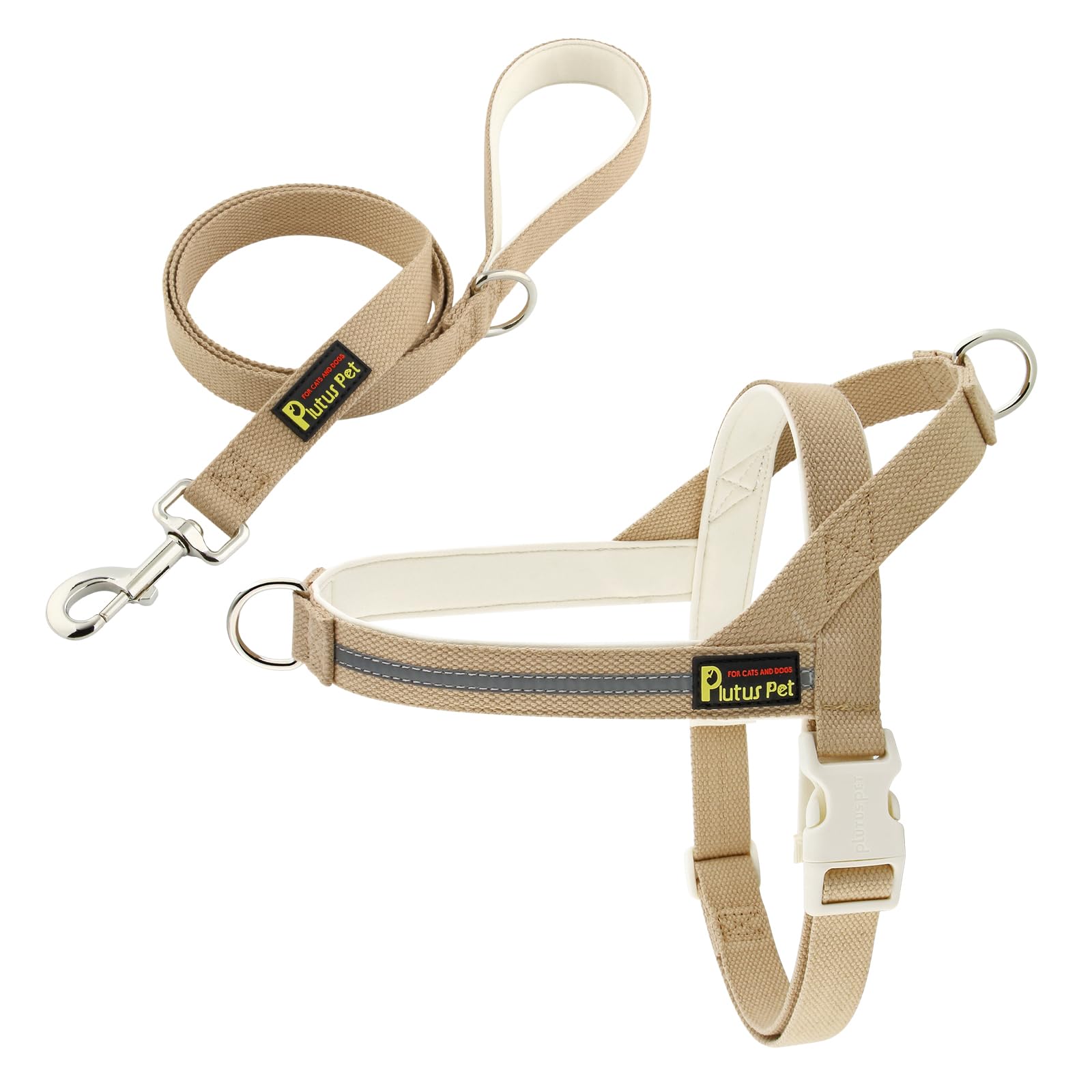 Plutus Pet Cotton Dog Harness and Lead Set, Reflective and Soft Padded, Quick Fit Vest Harness, for Small, Medium and Large Dogs, Beige, XXS
