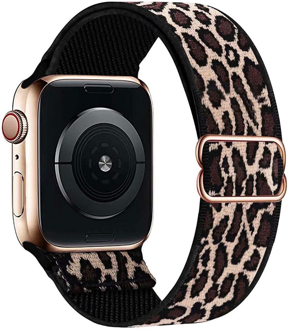 OHCBOOGIE Stretchy Solo Loop Strap Compatible with Apple Watch Bands 38mm 40mm 42mm 44mm ,Adjustable Stretch Braided Sport Elastics Weave Nylon Women Men Wristband Compatible with iWatch Series 6/5/4/3/2/1 SE,Cheetah&Leopard,38/40mm