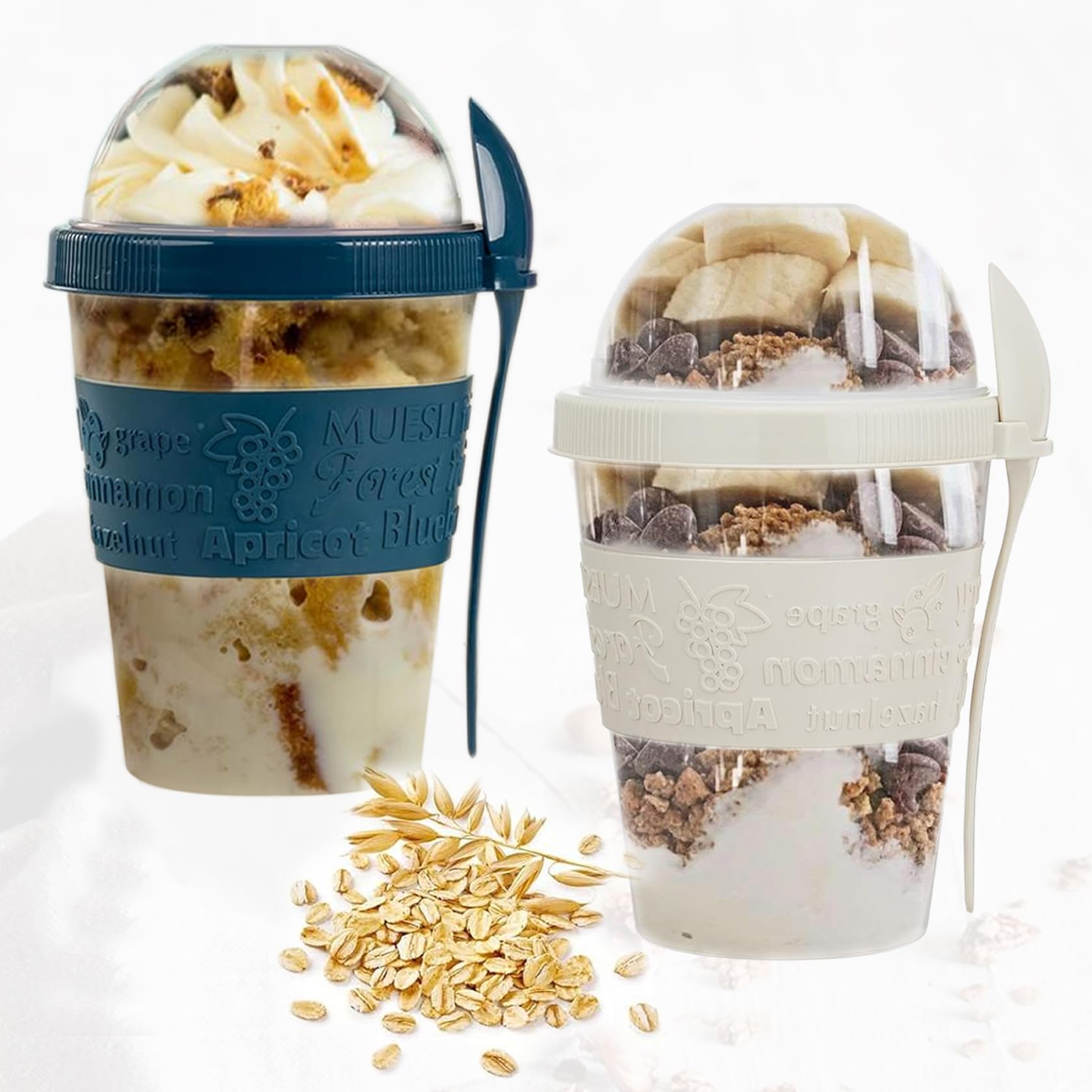 SAFRI 600ml Over Night Oats Container Reusable Yogurt Cups 100% BPA Free Breakfast On The Go Cereal Yogurt Pot with Lids and Spoon (White & Teal Blue Cup)