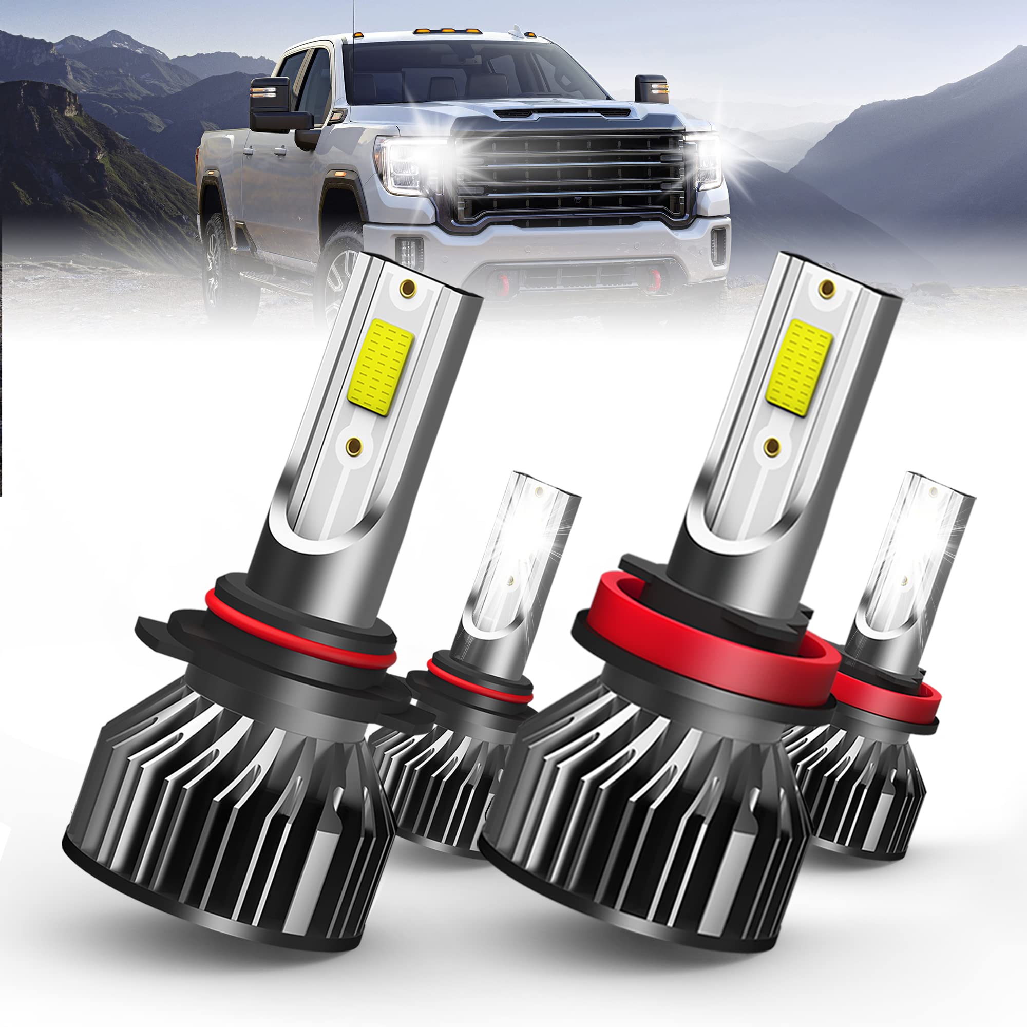 Photo 1 of QIPEIZSP Fit for GMC Sierra 1500 (2007-2013) 2500HD 3500 HD (2007-2014 2017-2020) Headlight Bulbs, 9005 High Beam and H11 Low Beam Bulbs, 20000LM 6500K Lights, Pack of 4