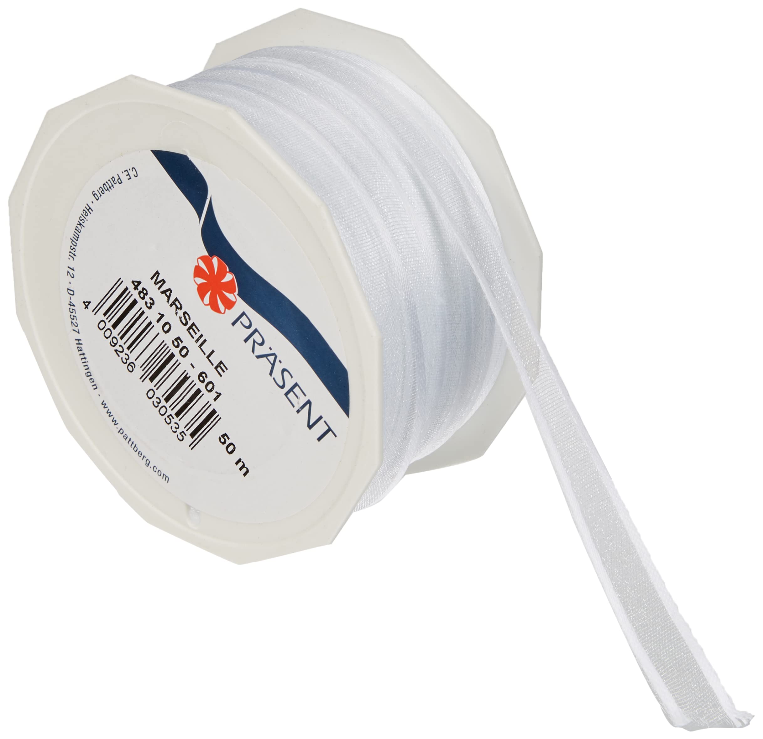 PRÄSENT - Marseille Wired Organza Ribbon White 10 mm width, 50 m length