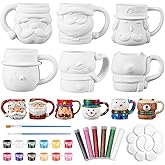 Reallnaive Set of 6 Ceramic Christmas Paint Your Own Mugs, Christmas Santa Snowman Nutcracker DIY Coloring Craft Kit with Paints, Glitters, Brushes, Palette for Xmas Activities Art Favor Decoration