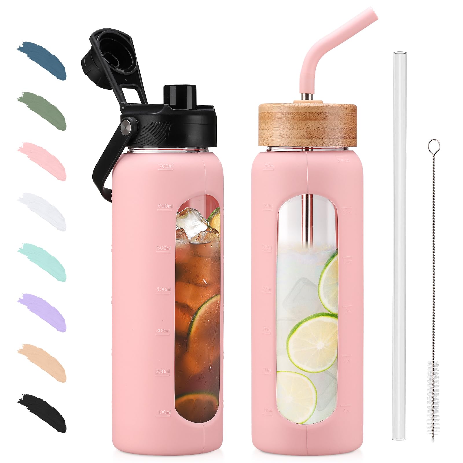 BLUEGO 700ml Glass Water Bottle with Straw and 2 Lids Glass Coffee Cup with Time Marker and Silicone Protector Glass Tumbler for Beverages Soda Cola BPA Free, Pink