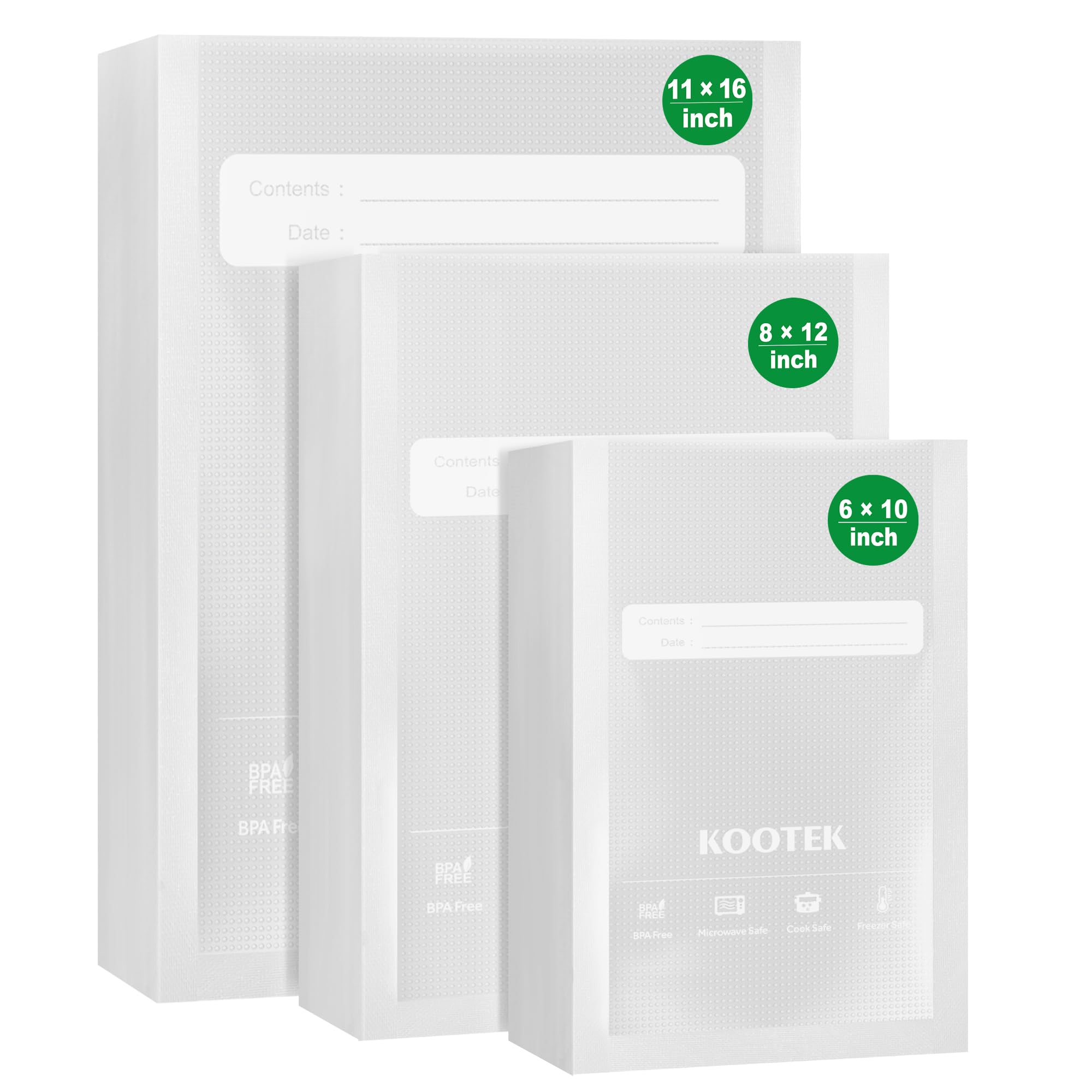 Photo 1 of Kootek Vacuum Sealer Bags, 150 Gallon 11" x 16", Quart 8" x 12" and Pint 6" x 10" Vacuum Seal Bags for Food, Commercial Heavy Duty, BPA Free, Precut Food Vac Bag for Storage, Meal Prep or Sous Vide