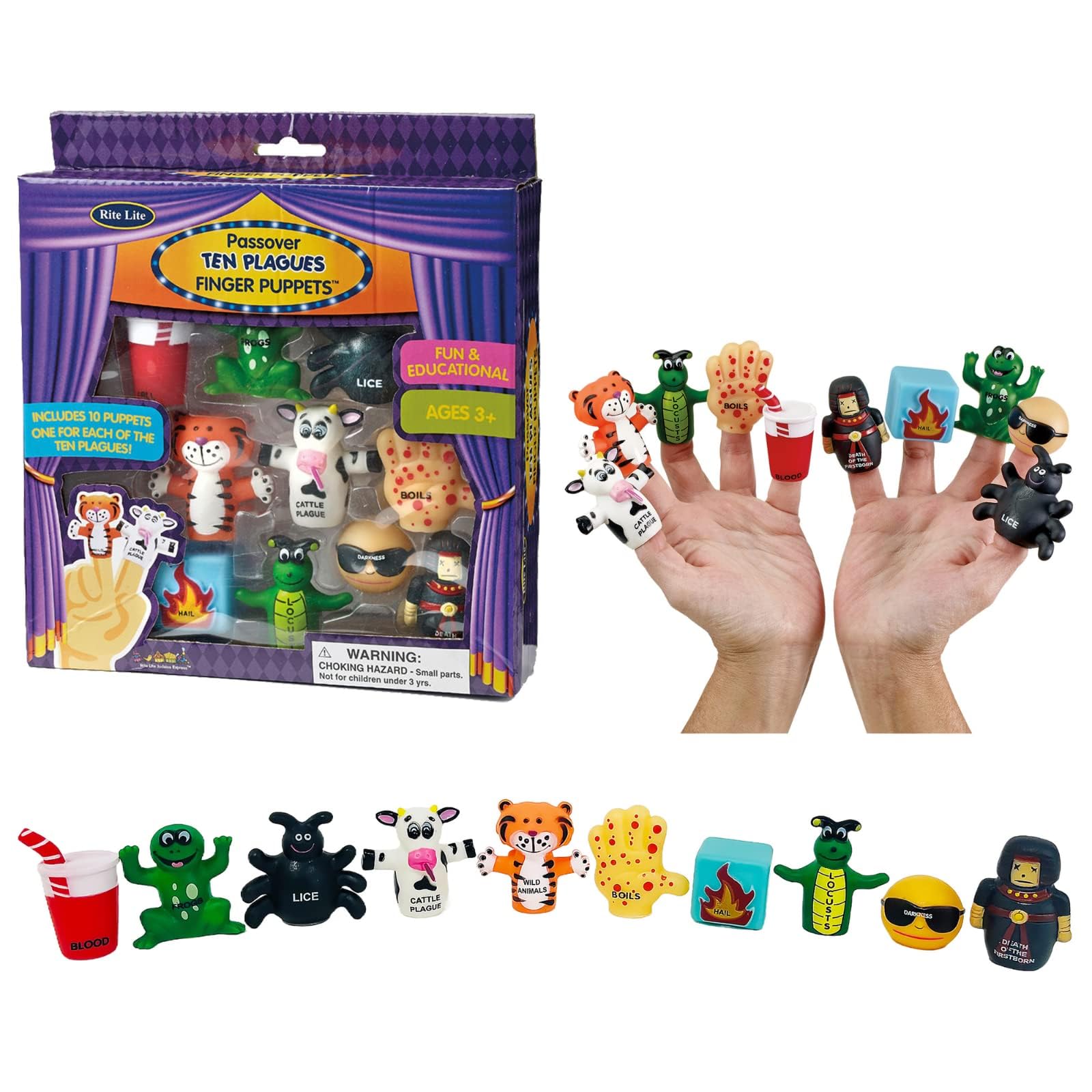Jewish Holiday Learning & Storytelling Passover 10 Plagues Finger Puppets Set – 10 Vinyl Puppets for Each Plague - Fun Educational Toy for Kids Ages 3+, Ideal for Passover Seder & Classroom