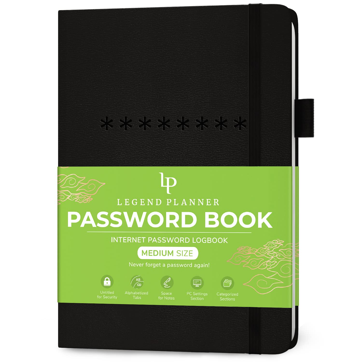 Legend Planner Password Book with Alphabetical tabs. Internet Address Keeper Logbook. Journal for Website Logins, Medium 13x19.5cm (Black)