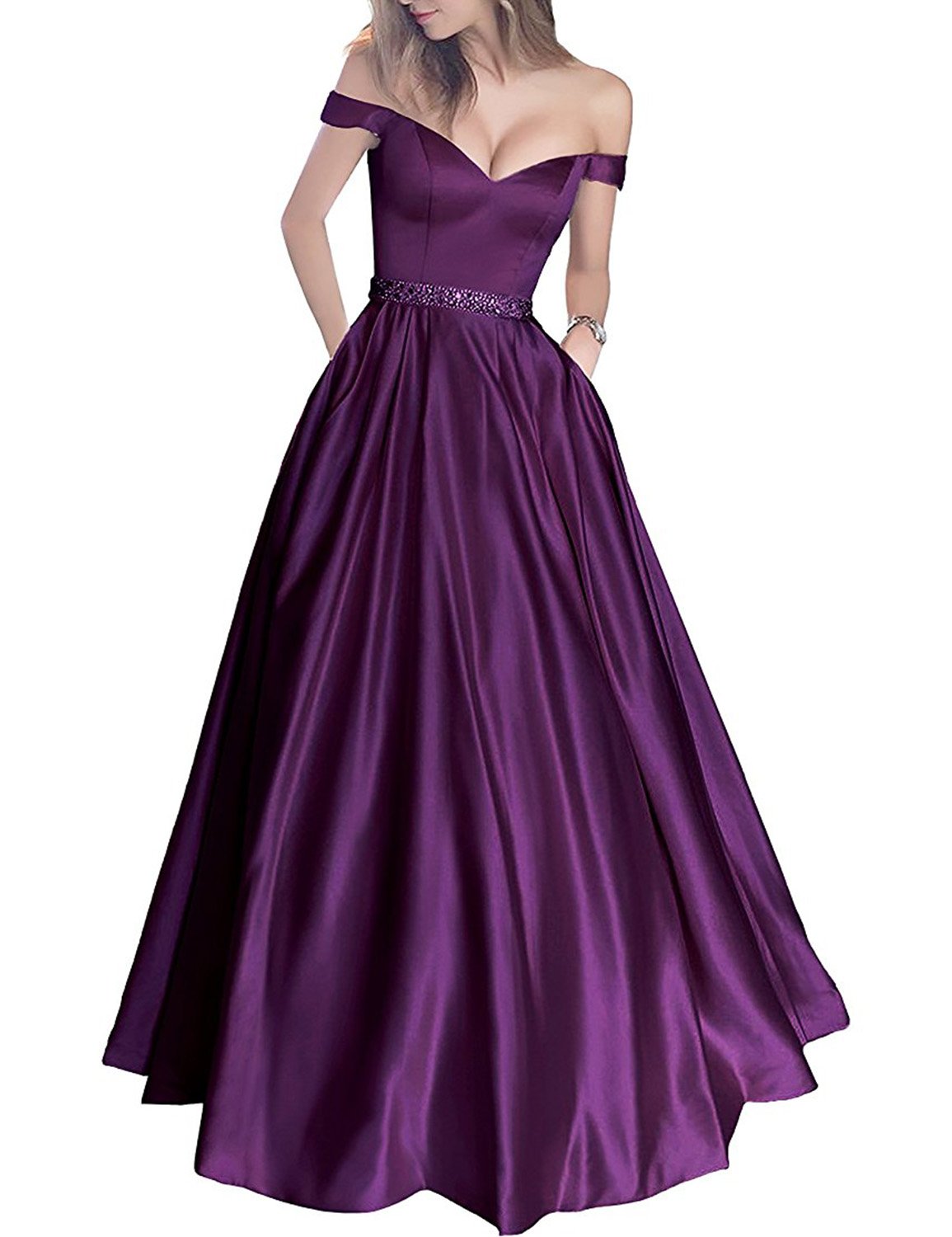 YIRENWANSHA 2018 Off Shoulder Wedding Sash Belt Party Dress with Pocket Formal Robe RYPMS83