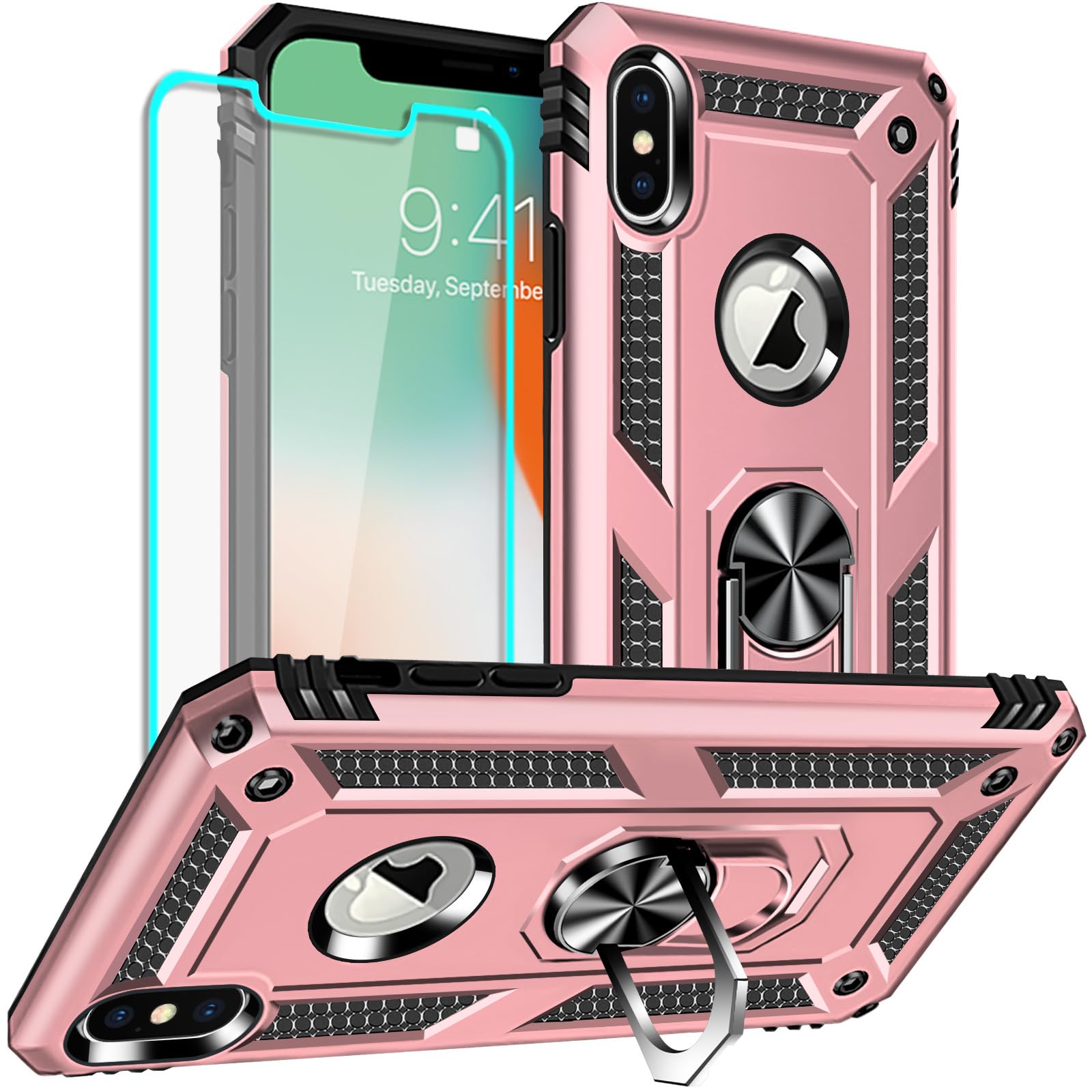 for iPhone X Case, iPhone Xs Case with Screen Protector, Silicone Shockproof Military Grade Protective Phone Cover with Ring Kickstand for Apple iPhone X/Xs (Rose gold)
