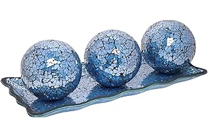 Afirst Decorative Ball Set - 9.5cm/3.74"" 3Pcs Mosaic Decorative Balls with Tray Centerpiece Coffee Table Decor for Living Room,Dining Table,Party,Wedding Decor, Blue, 4884741