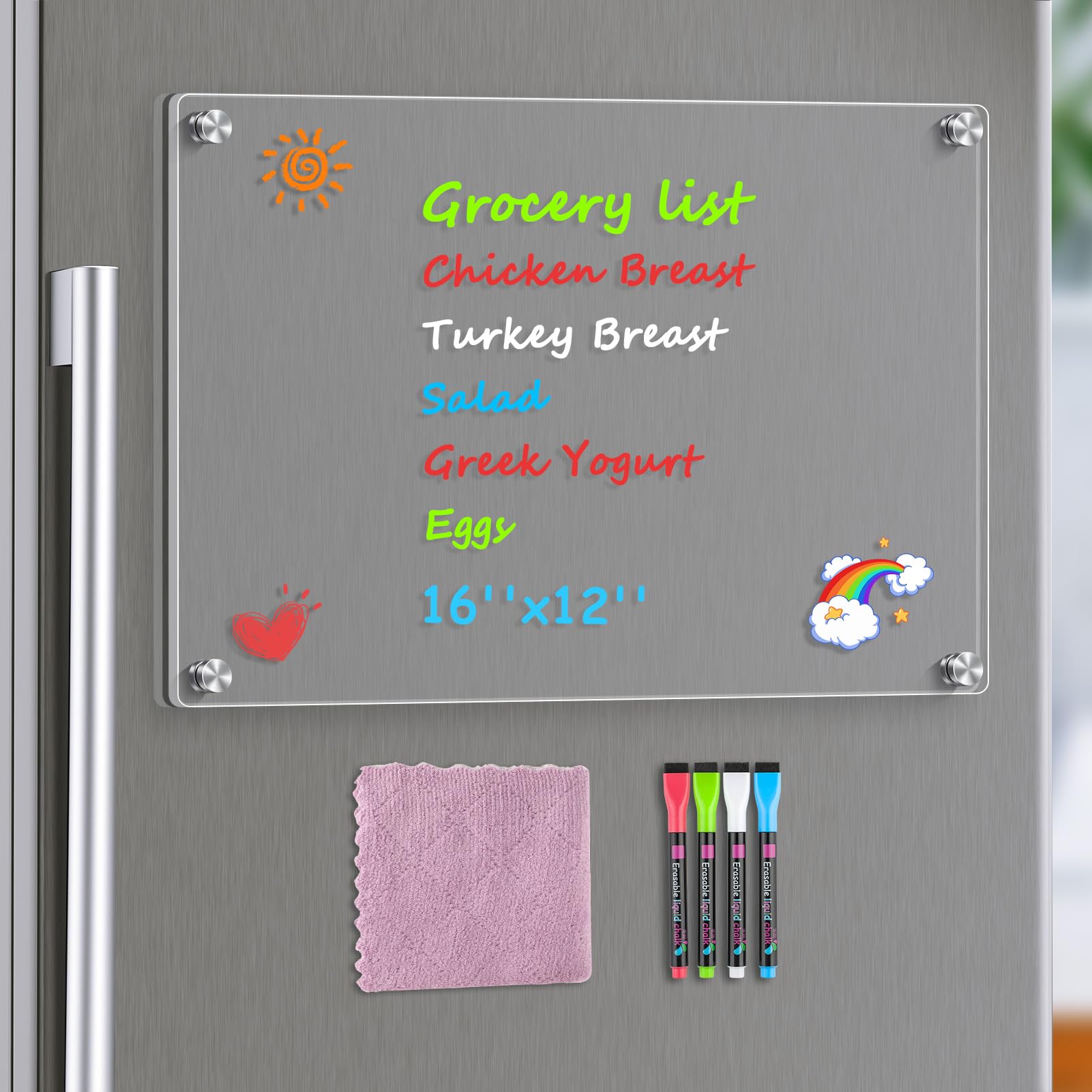 Photo 1 of MaxGear 16"x12" Clear Acrylic Magnetic Whiteboard Fridge Dry Erase Board with 4 Markers and 1 Cloth, Reusable Kitchen Refrigerator Blank Memo Meal Planner to-Do List Grocery List Pad for Home Planner