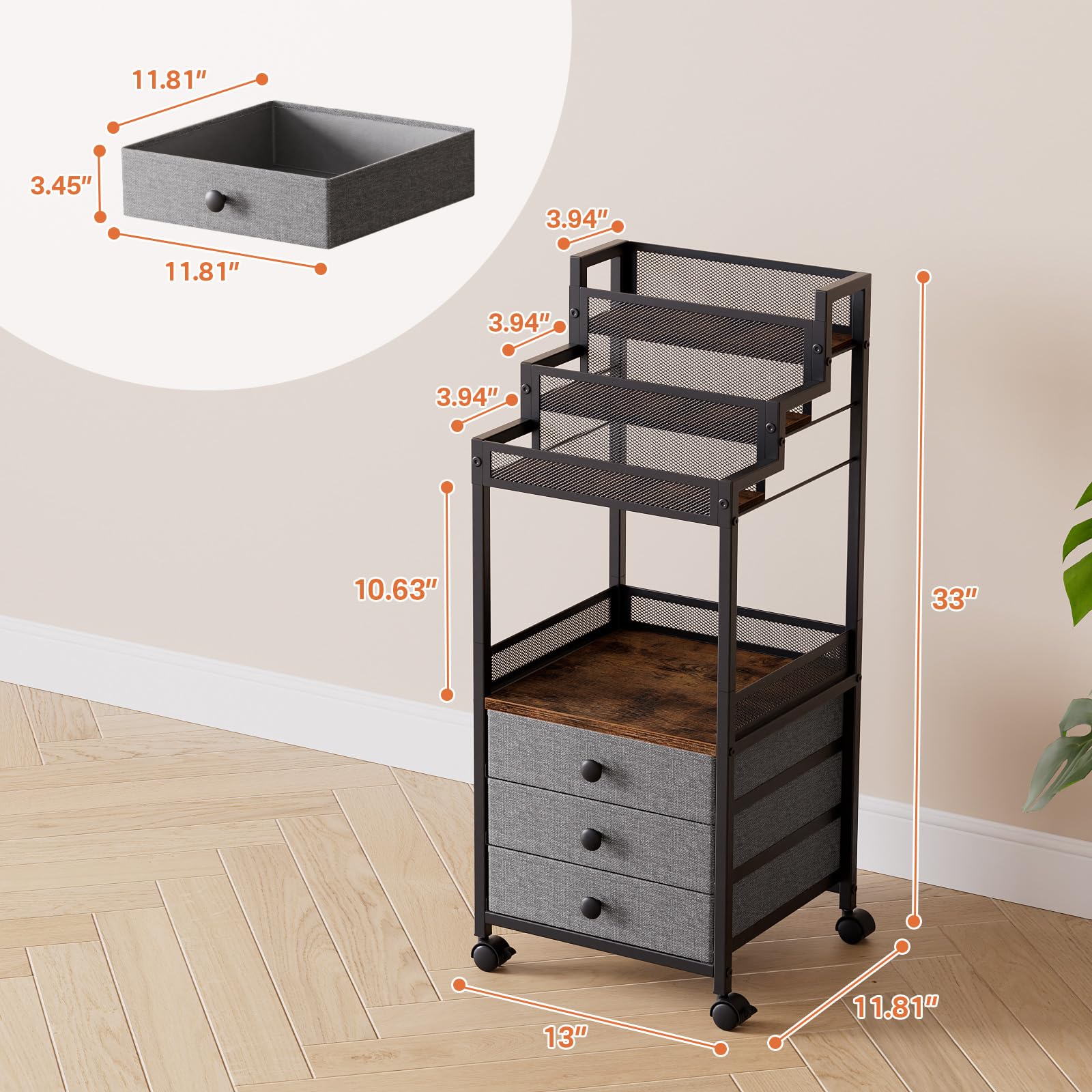 FURFUN Display Riser Stand Perfume Cologne Organizer, Rolling Makeup Storage Cart with Fabric Drawers, Floor Vanity Cosmetics Display Cases for Skin Care Nail Polish Figures Rustic Brown Ladder Stand