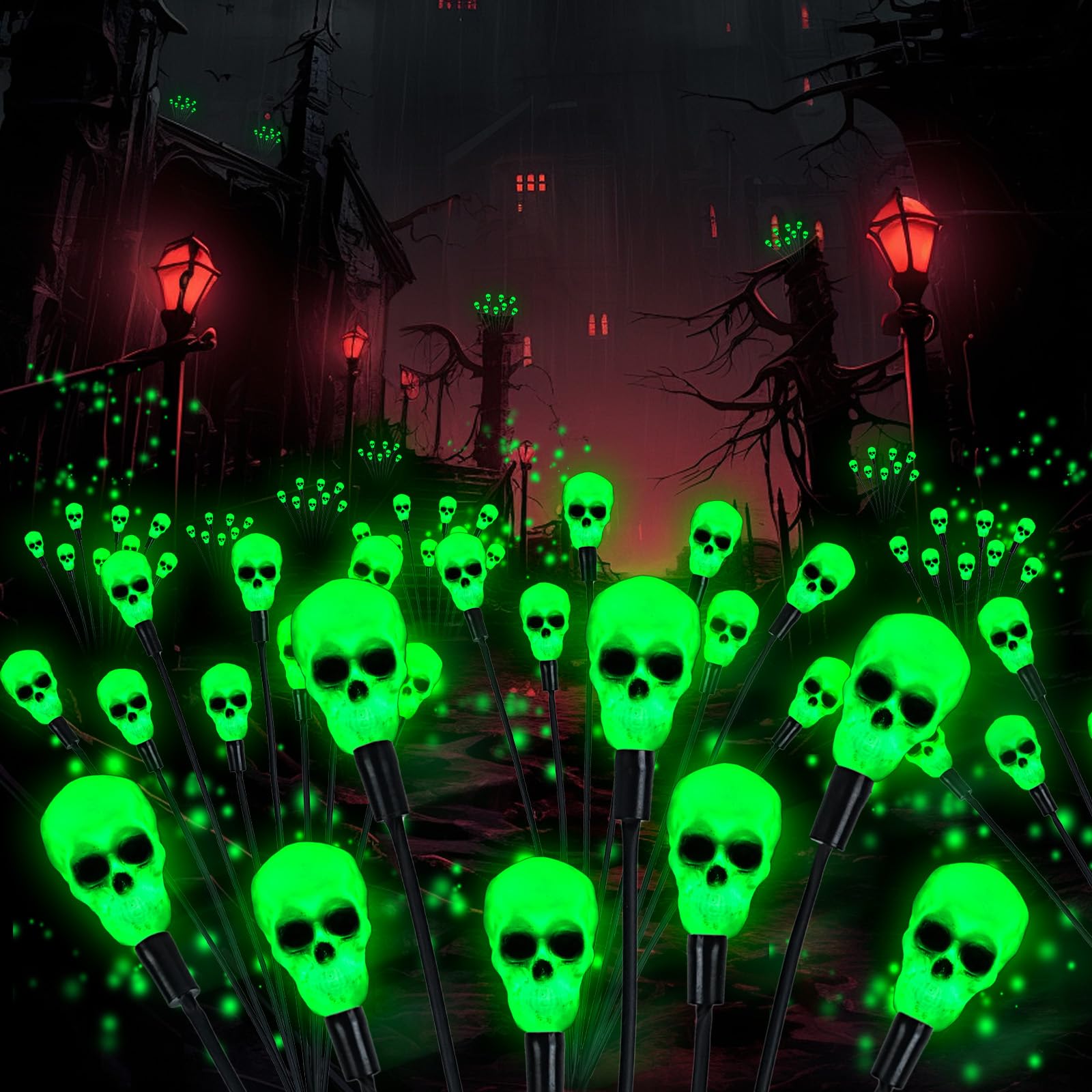 Photo 1 of 2Packs Halloween Decorations Outdoor Scary Solar Skull Lights,16LED Green Skull Swaying Firefly Lights,Waterproof Solar Halloween Path Lights for Yard/Garden/Lawn/Party Decor (Skull)