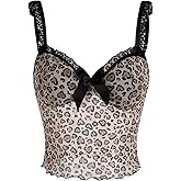 SOLY HUX Women's Leopard Print Lace Mesh Cami Tops Spaghetti Strap Y2k Corset Top