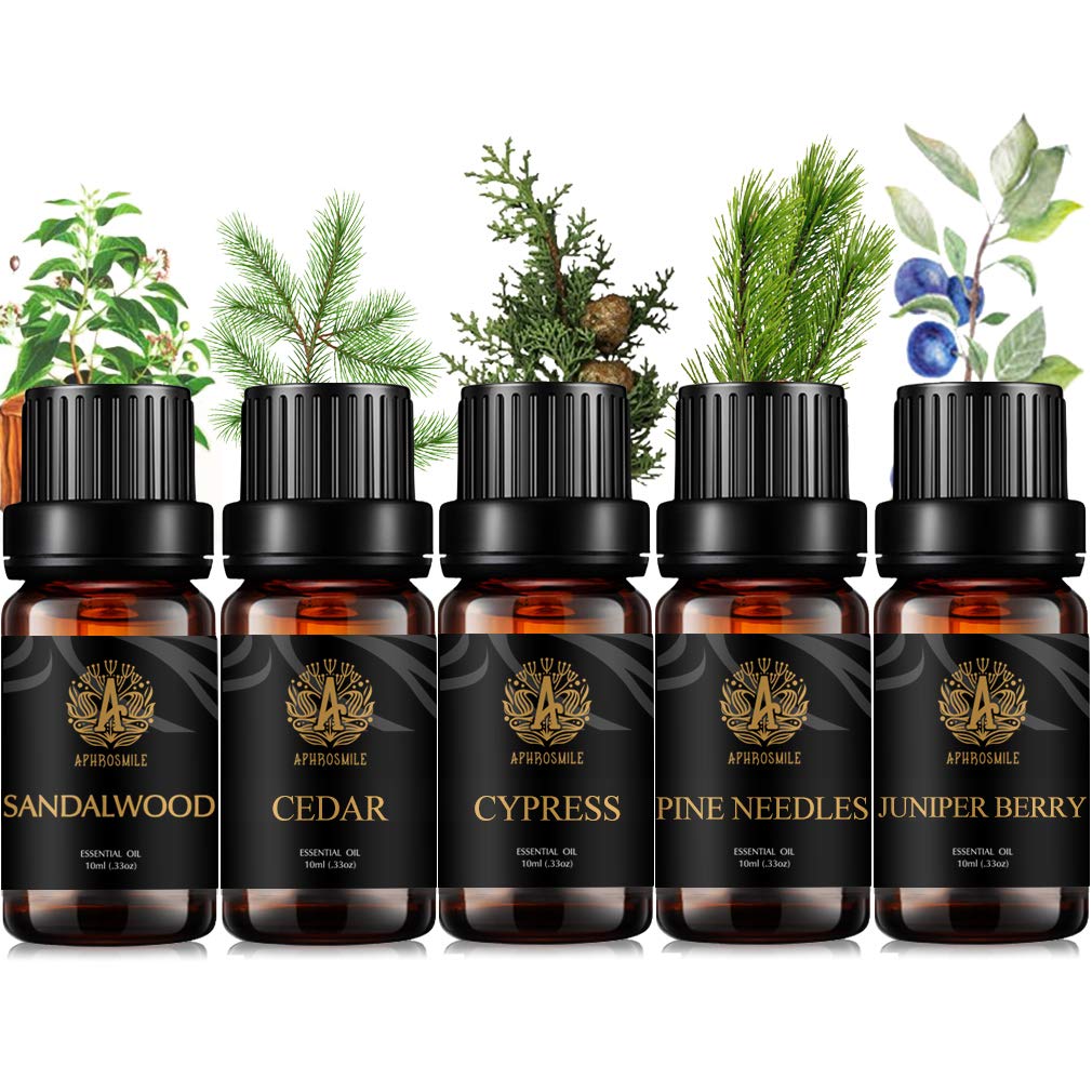 Aromatherapy Woody Essential Oil Set for Diffuser, 100% Pure Sandalwood Essential Oil, 5x10ml Therapeutic Grade Cedar Oil Set for Diffuser -Juniper Berry, Pine Needles, Cypress, Sandalwood, Cedar Oil