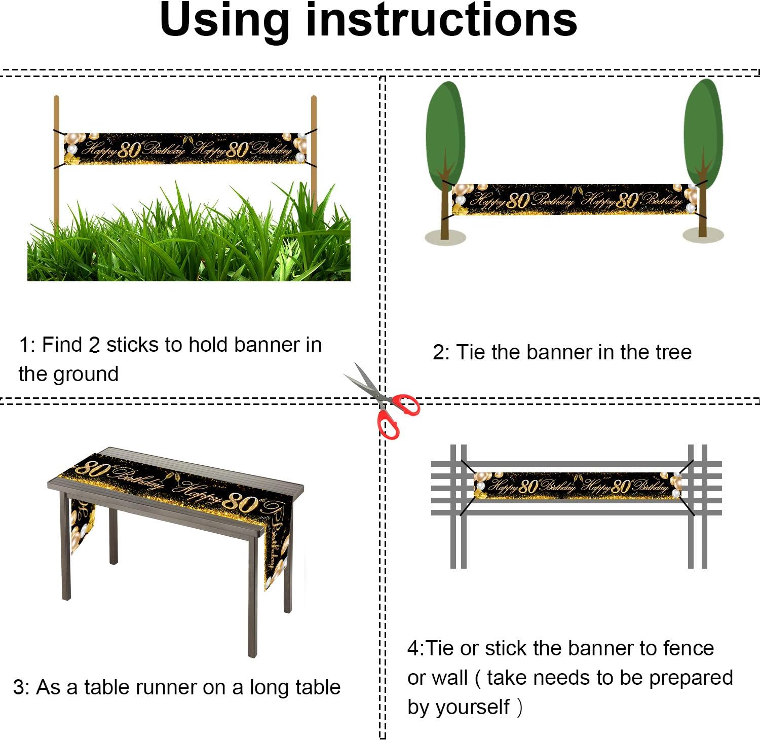 HOWAF Long Happy 80th Birthday Banner Decoration Black Gold, Banner for 80th Birthday Decoration Backdrop Garden Table Wall - Image 5