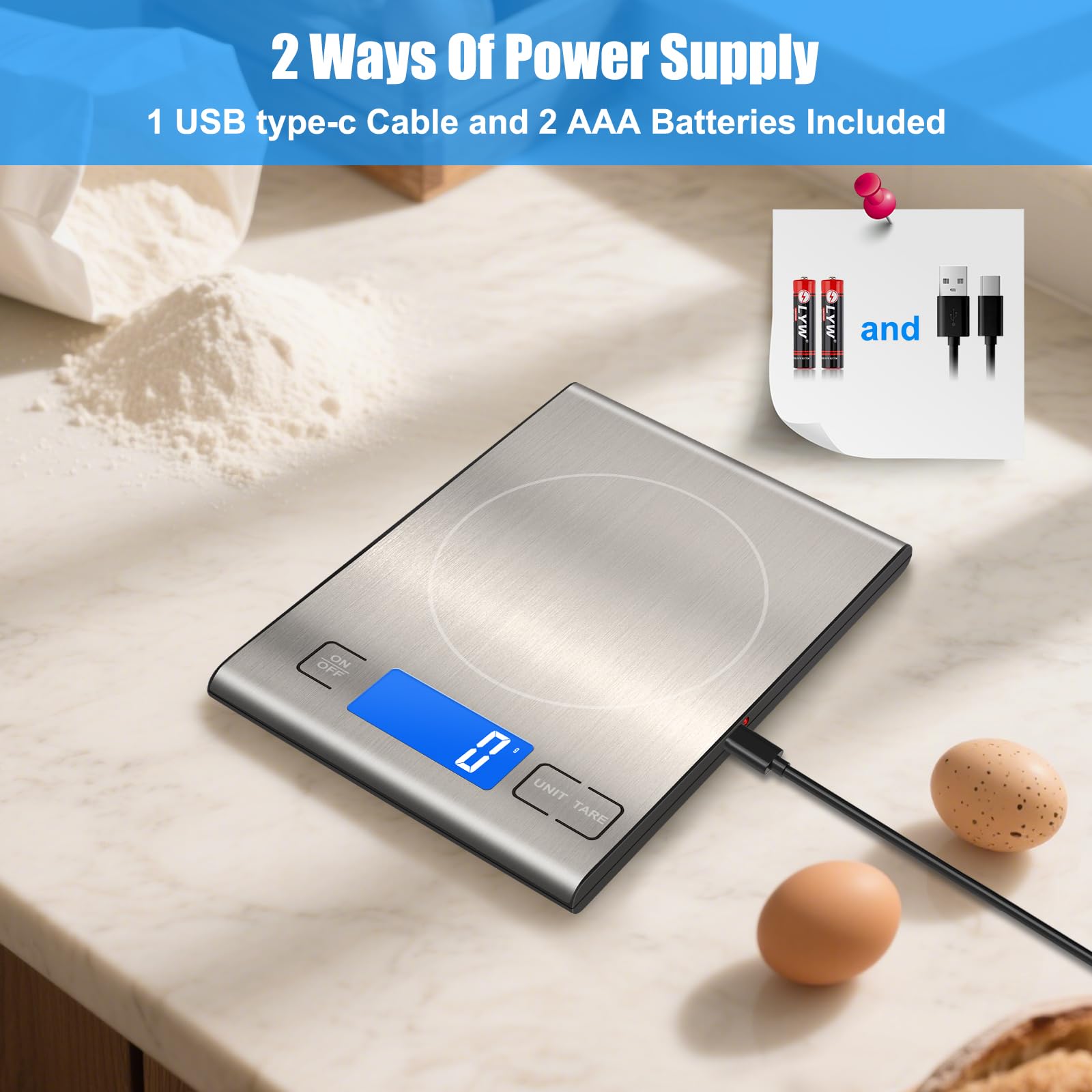 33lb Rechargeable Food Scale, Diyife 304 Stainless Steel Digital Kitchen Scale with 3 Buttons, Weight Grams and Ounces for Baking, Cooking, 5 Units with Tare Function, LCD Display, 2 AAA Batteries