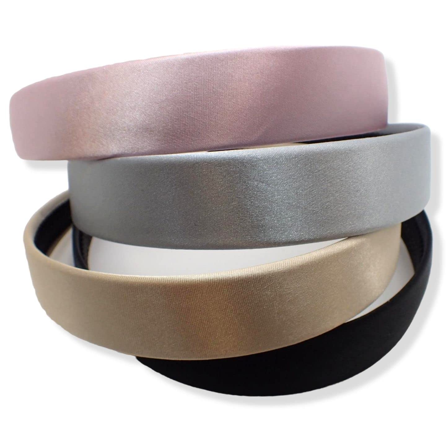 Topkids Accessories 2.5cm/1" Satin Alice Bands Adult Women, Head Band, Headbands for Women's Hair, Hair Accessories for Women, Ladies Headbands (Set of 4, Black + Gold + Silver + Blush Pink)
